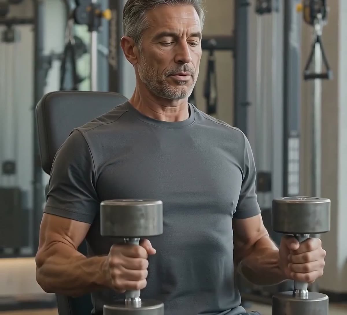 GLP-1 and strength training: man lifting dumbbells in a gym
